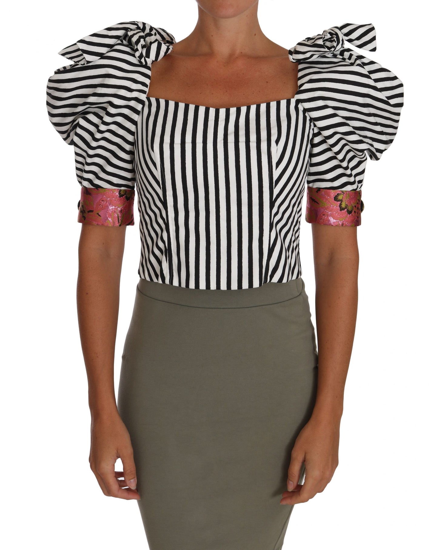 Dolce & Gabbana Camisa Corta de Manga Abullonada a Rayas Blancas y Negras
