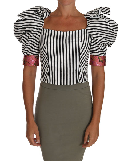 Dolce & Gabbana Camisa Corta de Manga Abullonada a Rayas Blancas y Negras