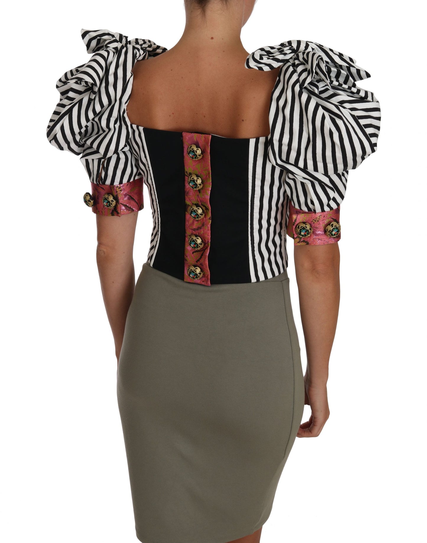 Dolce & Gabbana Camisa Corta de Manga Abullonada a Rayas Blancas y Negras