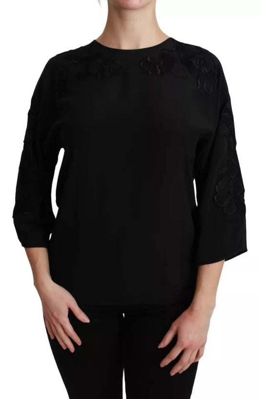 Top de seda con blusa bordada floral negra de Dolce & Gabbana