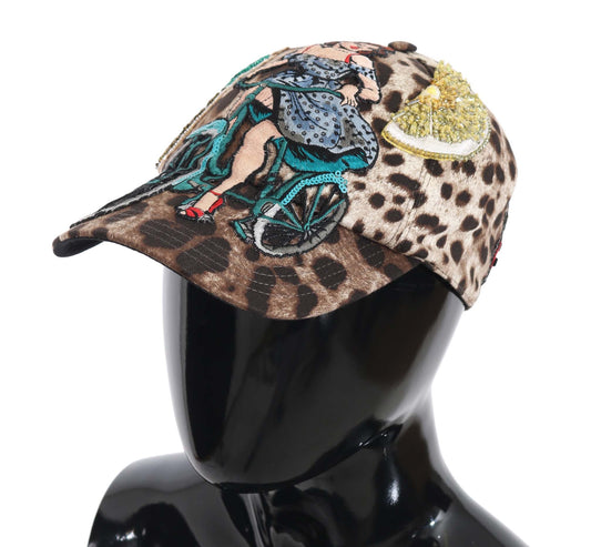 Gorra de béisbol Dolce & Gabbana marrón con lentejuelas de leopardo y aplique Sicily
