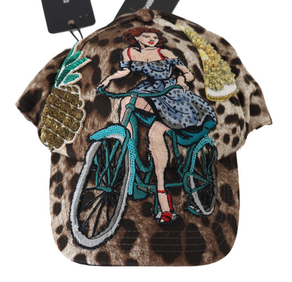 Gorra de béisbol Dolce & Gabbana marrón con lentejuelas de leopardo y aplique Sicily