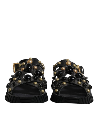 Dolce & Gabbana Sandalias Deslizantes Tachonadas de Cuero Negro