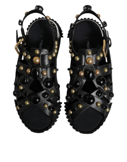 Dolce & Gabbana Sandalias Deslizantes Tachonadas de Cuero Negro