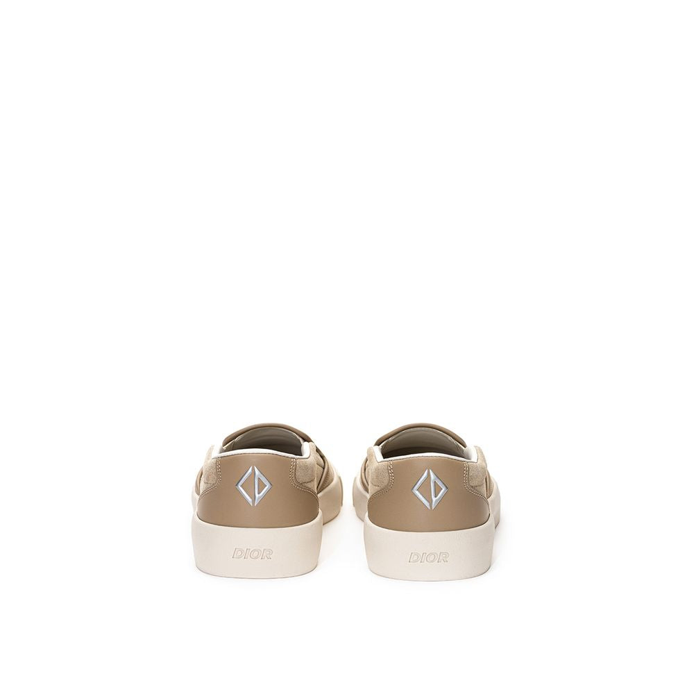 Dior Beige Leather Slip-On Loafers with White Rubber Sole