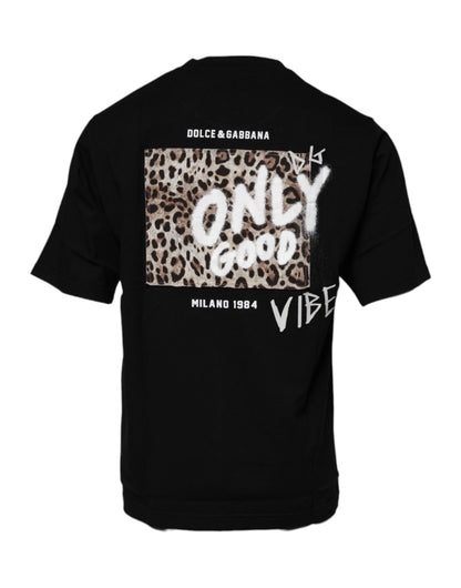 Dolce & Gabbana Camiseta de algodón con cuello redondo y estampado de leopardo Amore negra