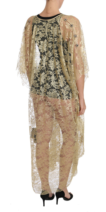 Vestido de gala con capa de encaje floral dorado y cristales Dolce & Gabbana