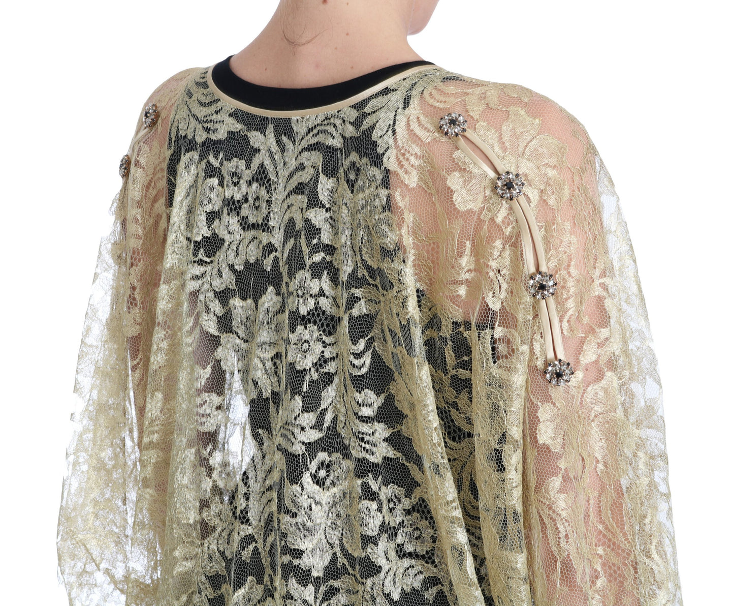 Vestido de gala con capa de encaje floral dorado y cristales Dolce & Gabbana