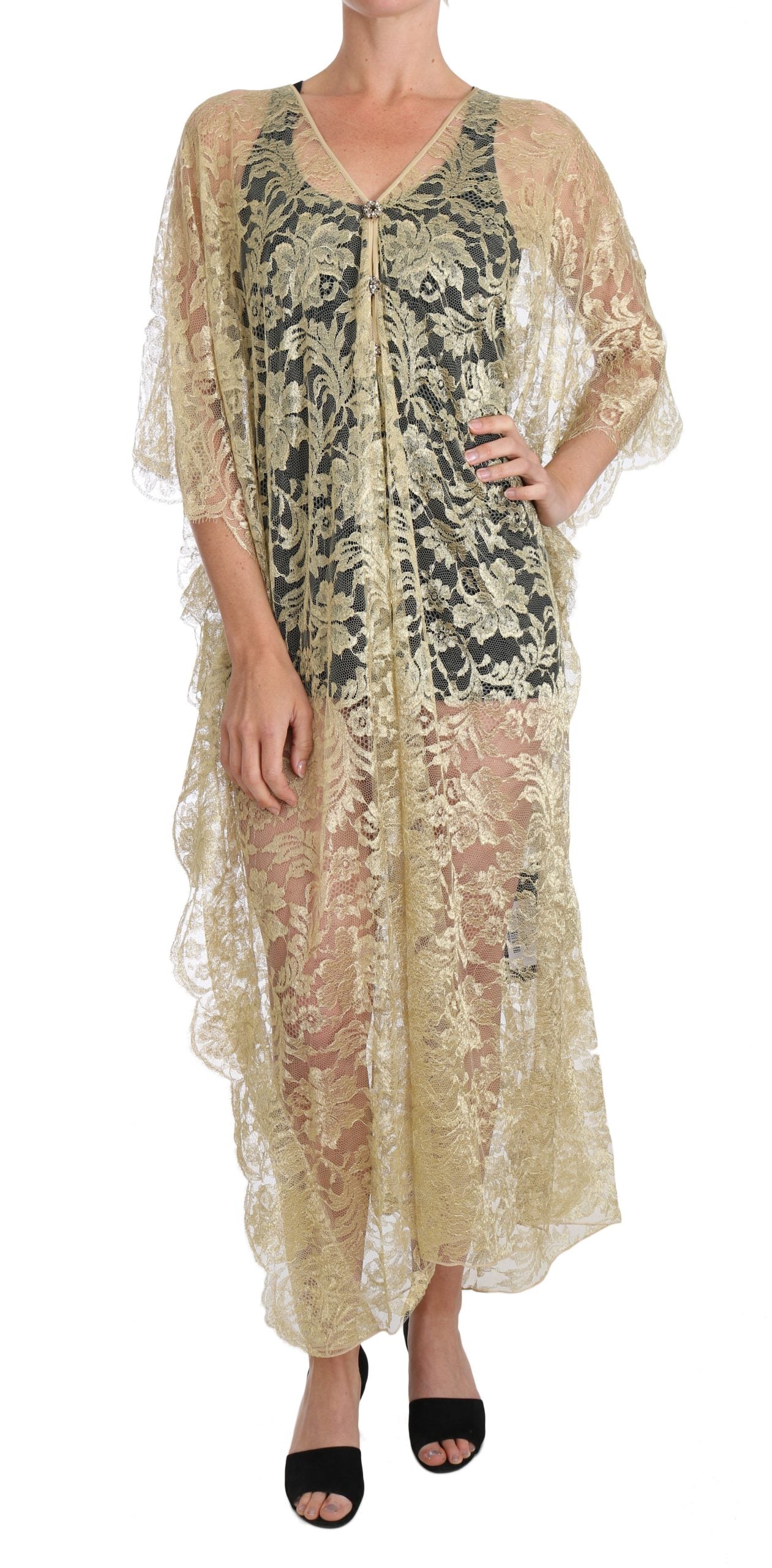 Vestido de gala con capa de encaje floral dorado y cristales Dolce & Gabbana