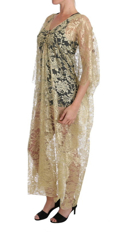 Vestido de gala con capa de encaje floral dorado y cristales Dolce & Gabbana