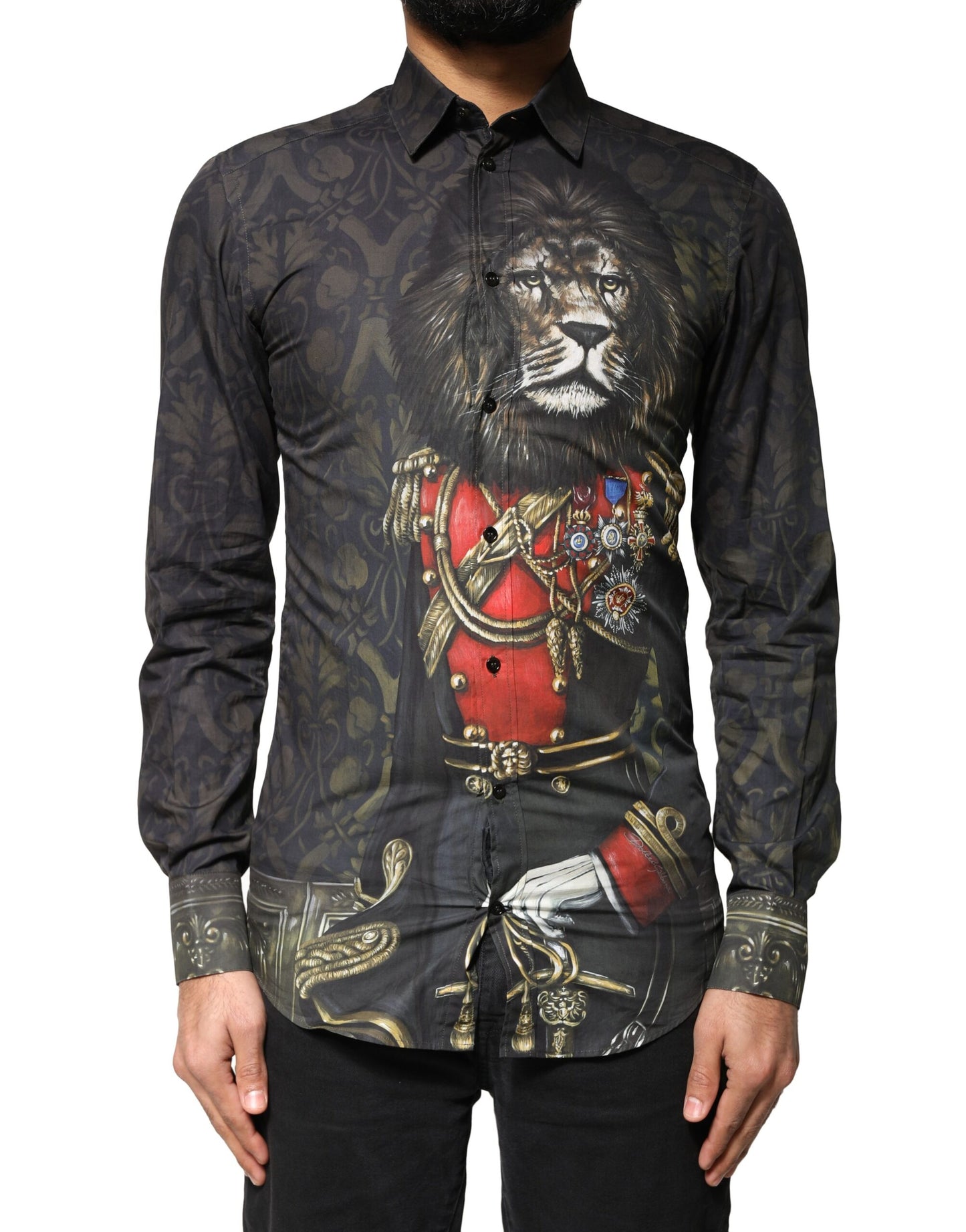 Camisa de vestir Dolce & Gabbana negra con retrato real de mascota ORO