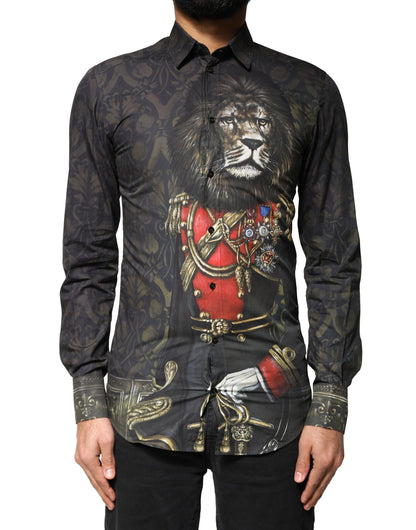 Camisa de vestir Dolce & Gabbana negra con retrato real de mascota ORO