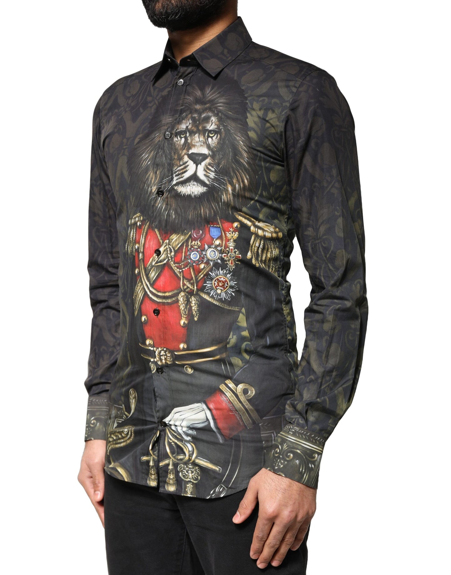 Camisa de vestir Dolce & Gabbana negra con retrato real de mascota ORO