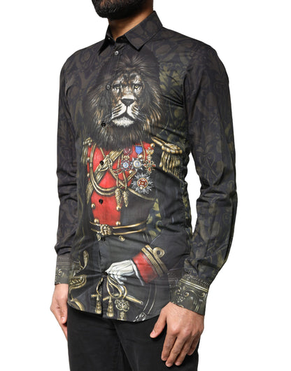 Camisa de vestir Dolce & Gabbana negra con retrato real de mascota ORO