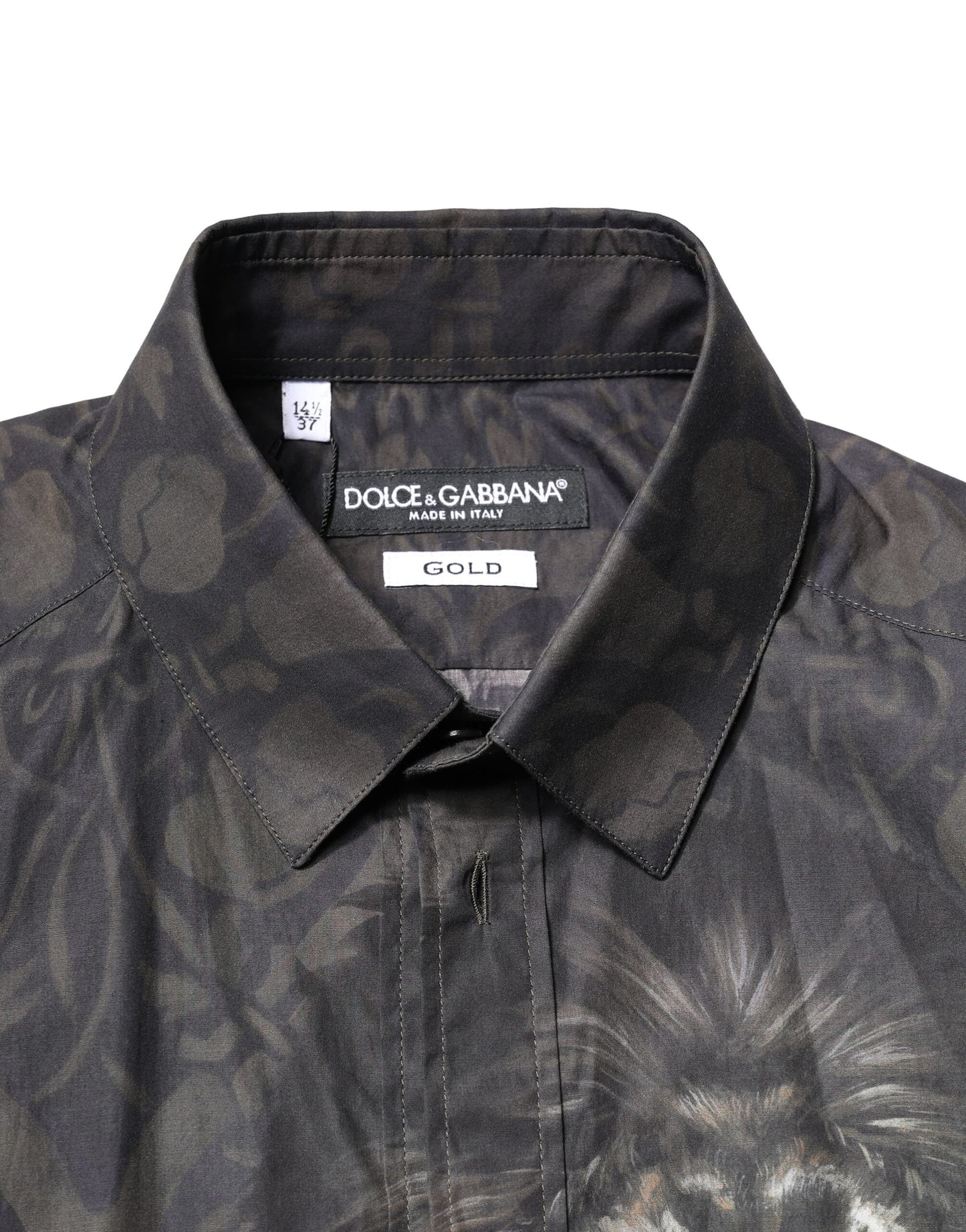 Camisa de vestir Dolce & Gabbana negra con retrato real de mascota ORO