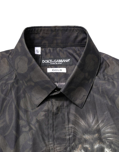 Camisa de vestir Dolce & Gabbana negra con retrato real de mascota ORO