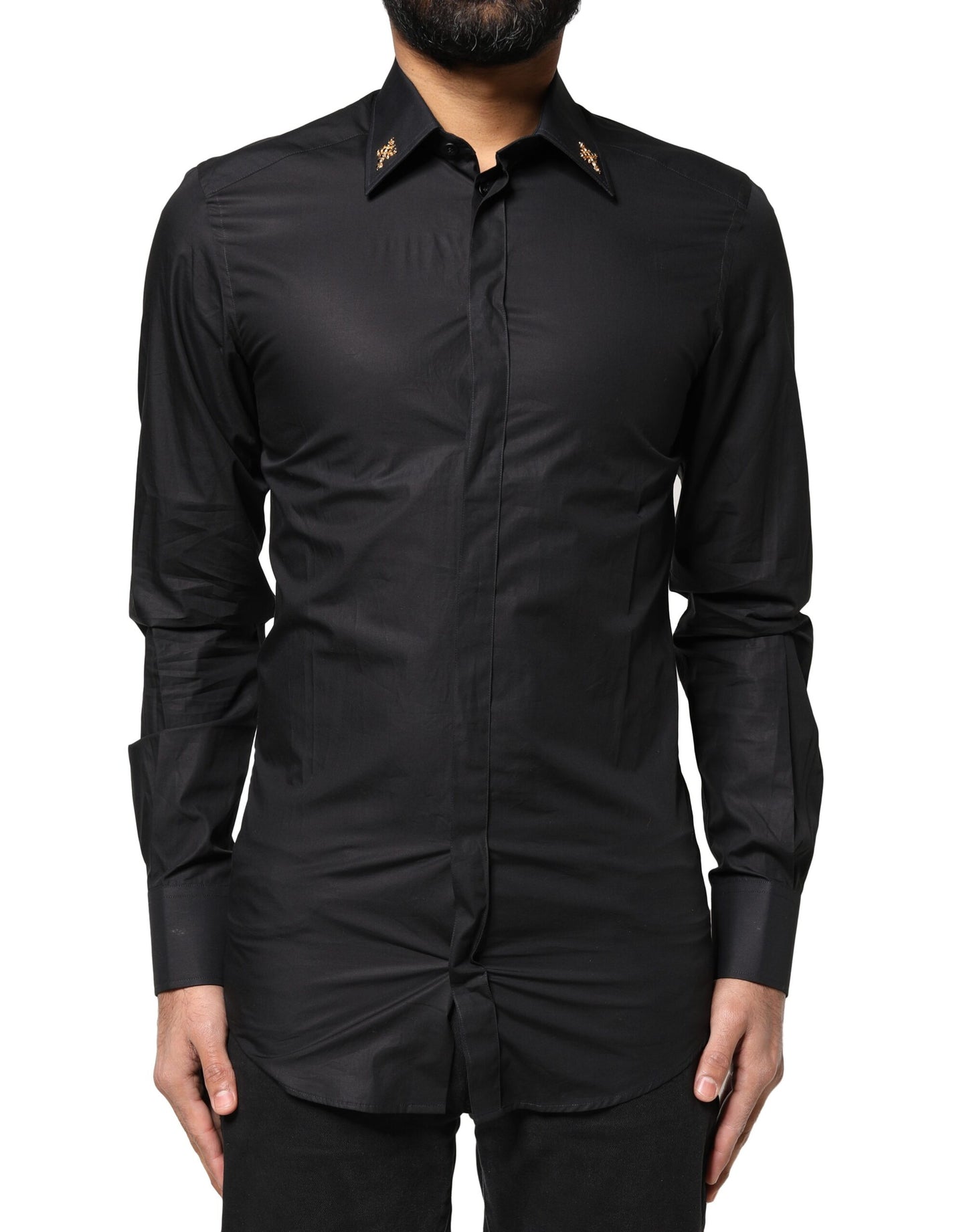 Camisa de vestir para hombre Dolce & Gabbana negra con cruz dorada embellecida