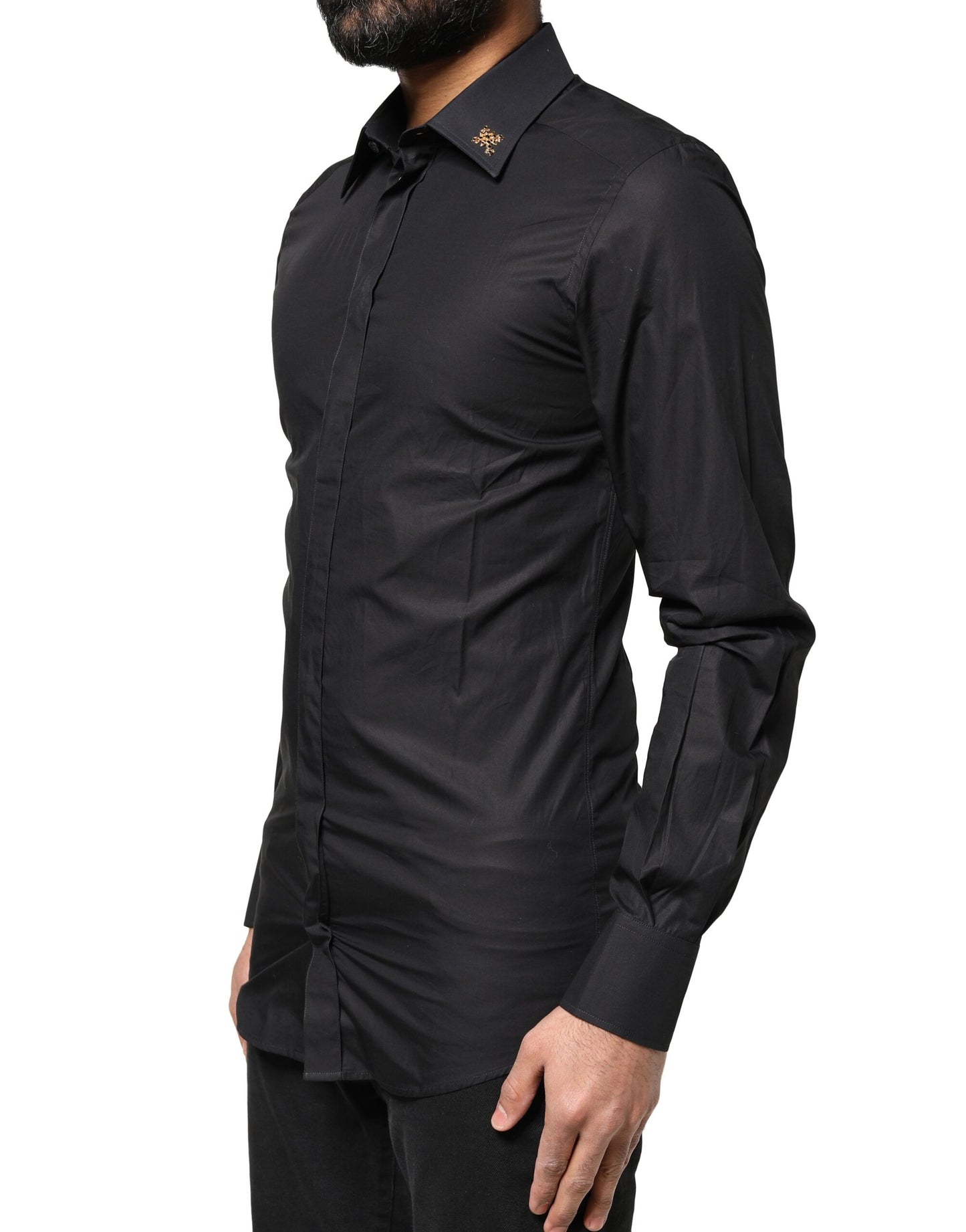 Camisa de vestir para hombre Dolce & Gabbana negra con cruz dorada embellecida