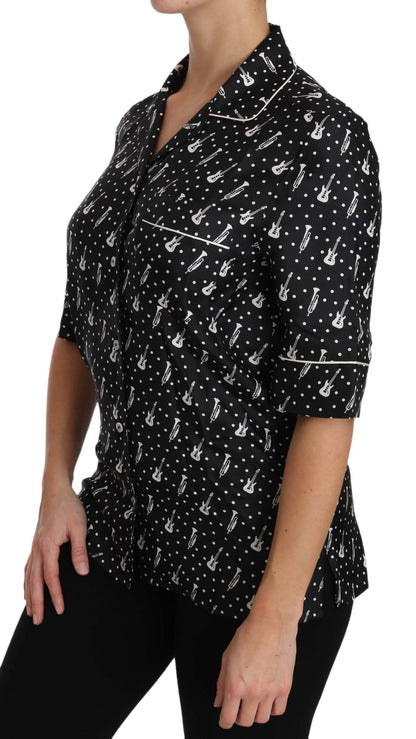 Dolce & Gabbana Blusa de Seda Negra Estampado de Guitarra y Trompeta