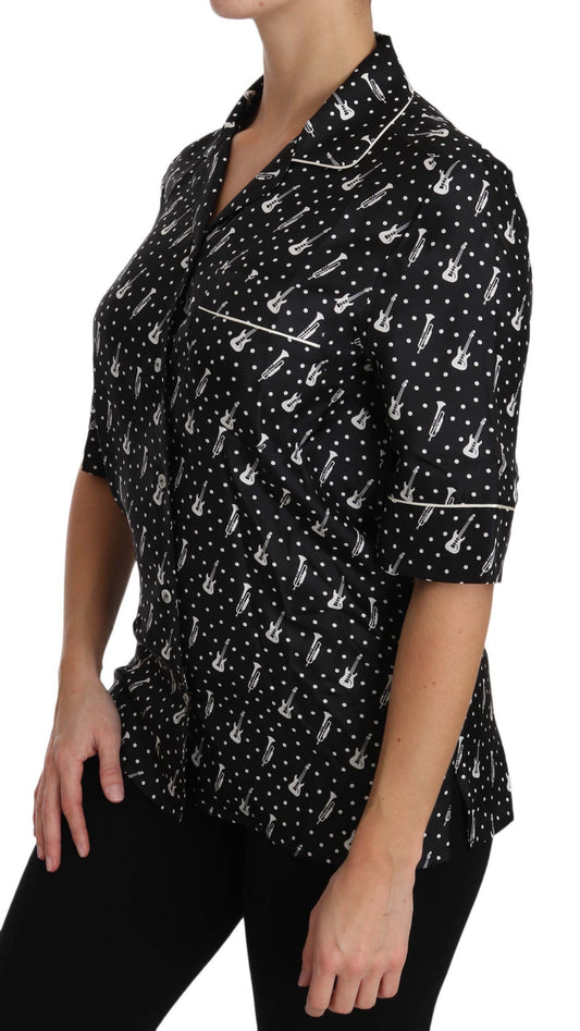 Dolce & Gabbana Blusa de Seda Negra Estampado de Guitarra y Trompeta