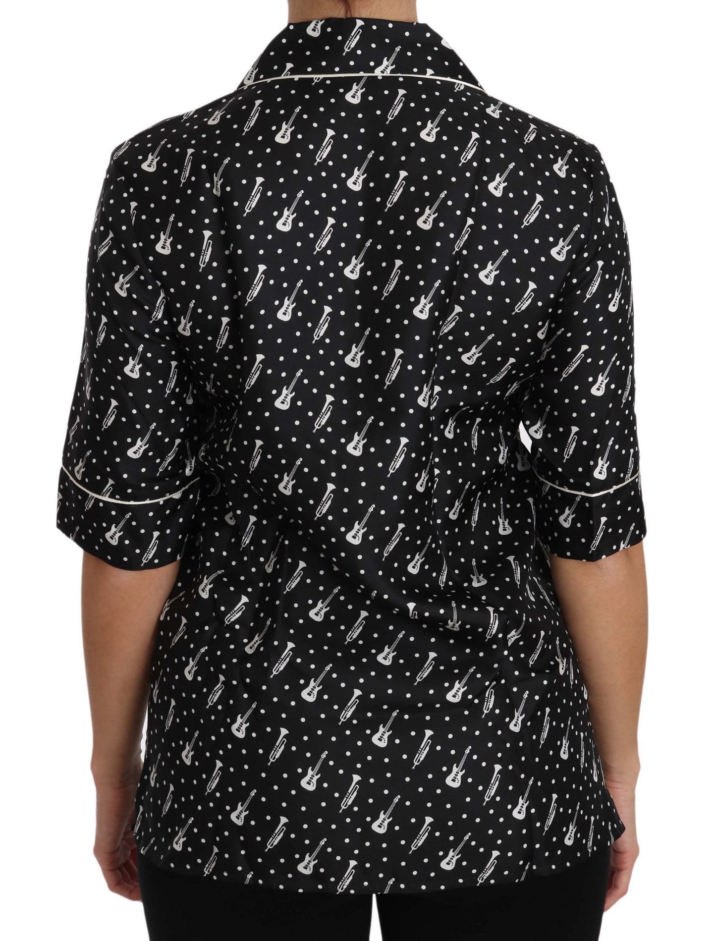 Dolce & Gabbana Blusa de Seda Negra Estampado de Guitarra y Trompeta