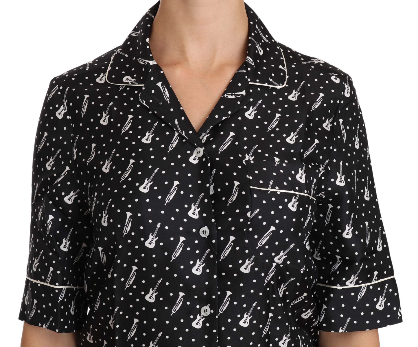 Dolce & Gabbana Blusa de Seda Negra Estampado de Guitarra y Trompeta