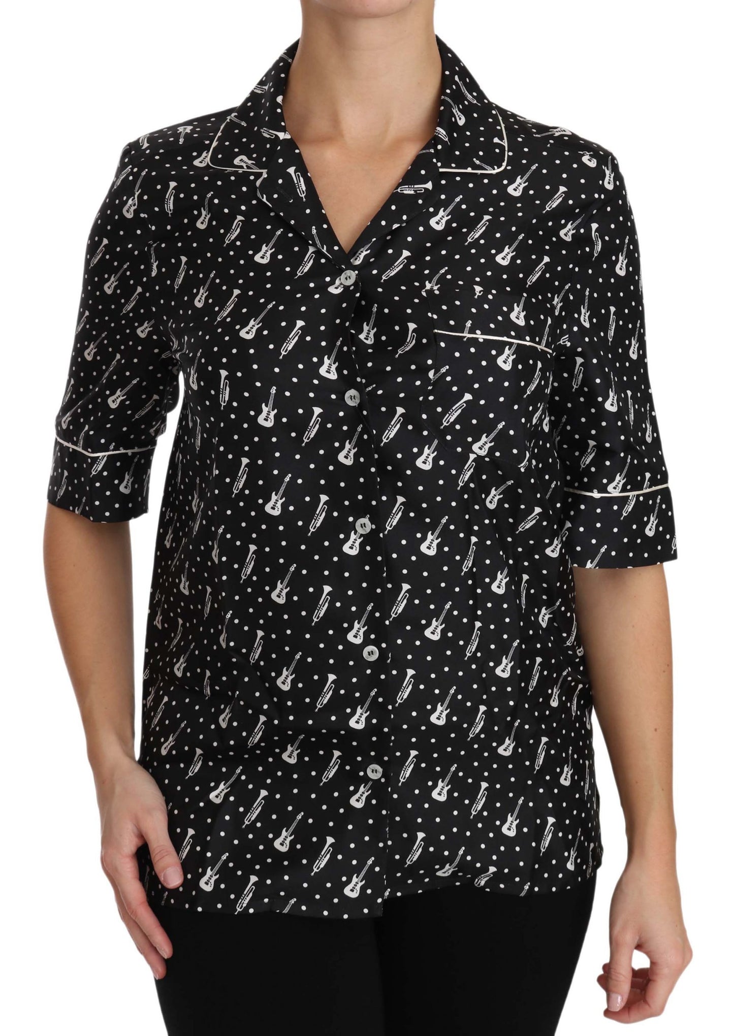 Dolce & Gabbana Blusa de Seda Negra Estampado de Guitarra y Trompeta