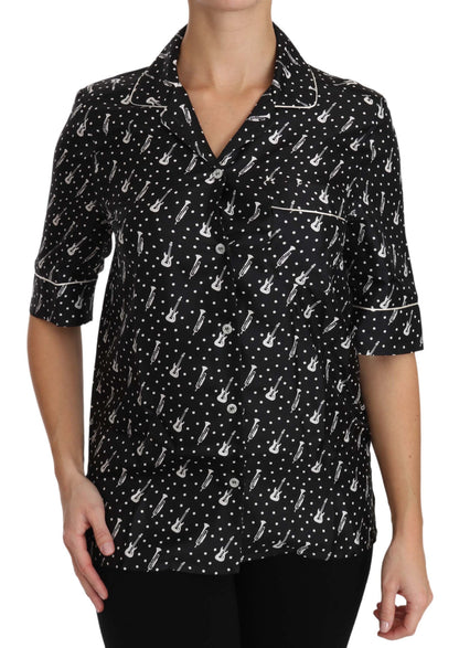 Dolce & Gabbana Blusa de Seda Negra Estampado de Guitarra y Trompeta