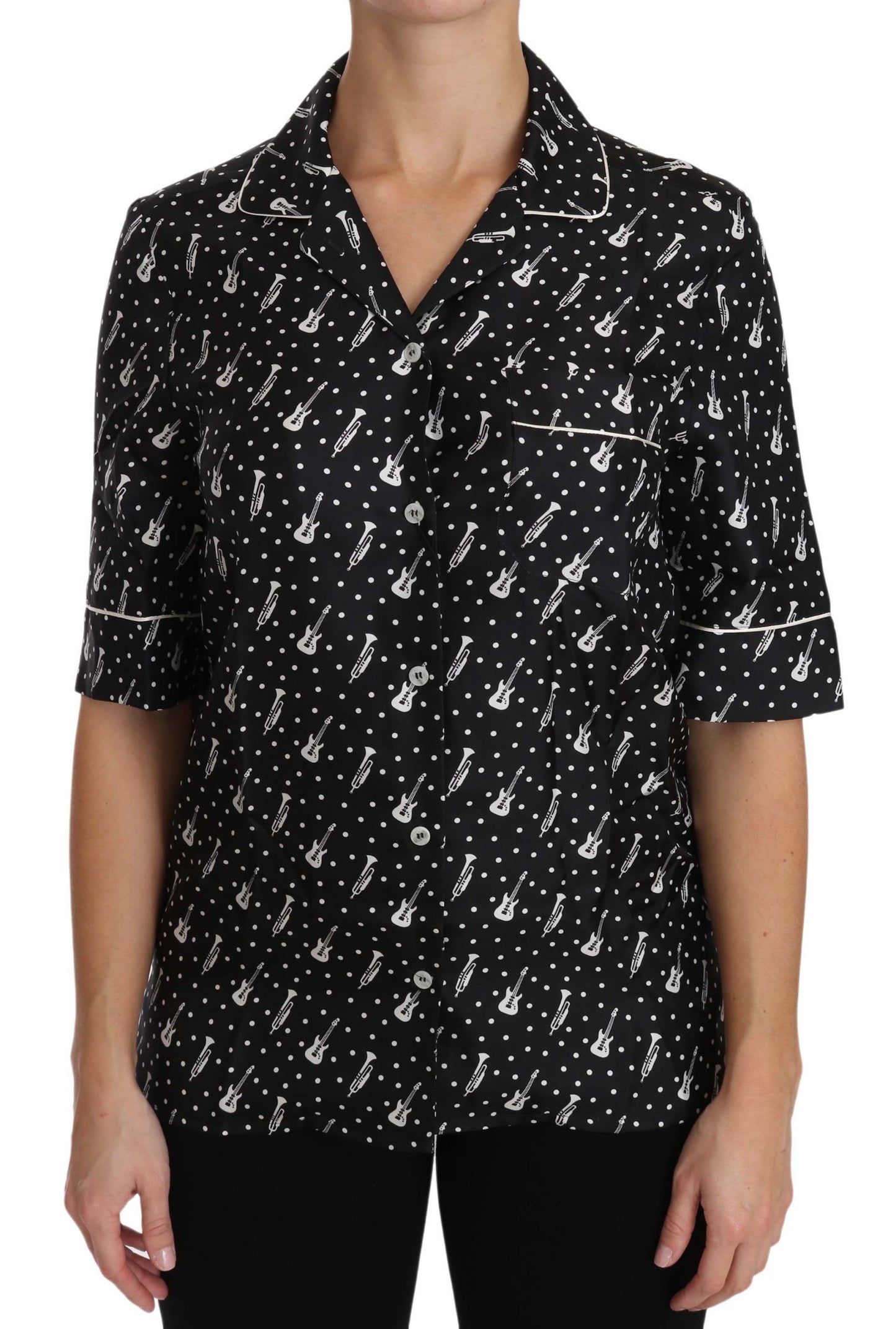 Dolce & Gabbana Blusa de Seda Negra Estampado de Guitarra y Trompeta