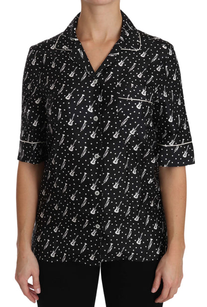 Dolce & Gabbana Blusa de Seda Negra Estampado de Guitarra y Trompeta