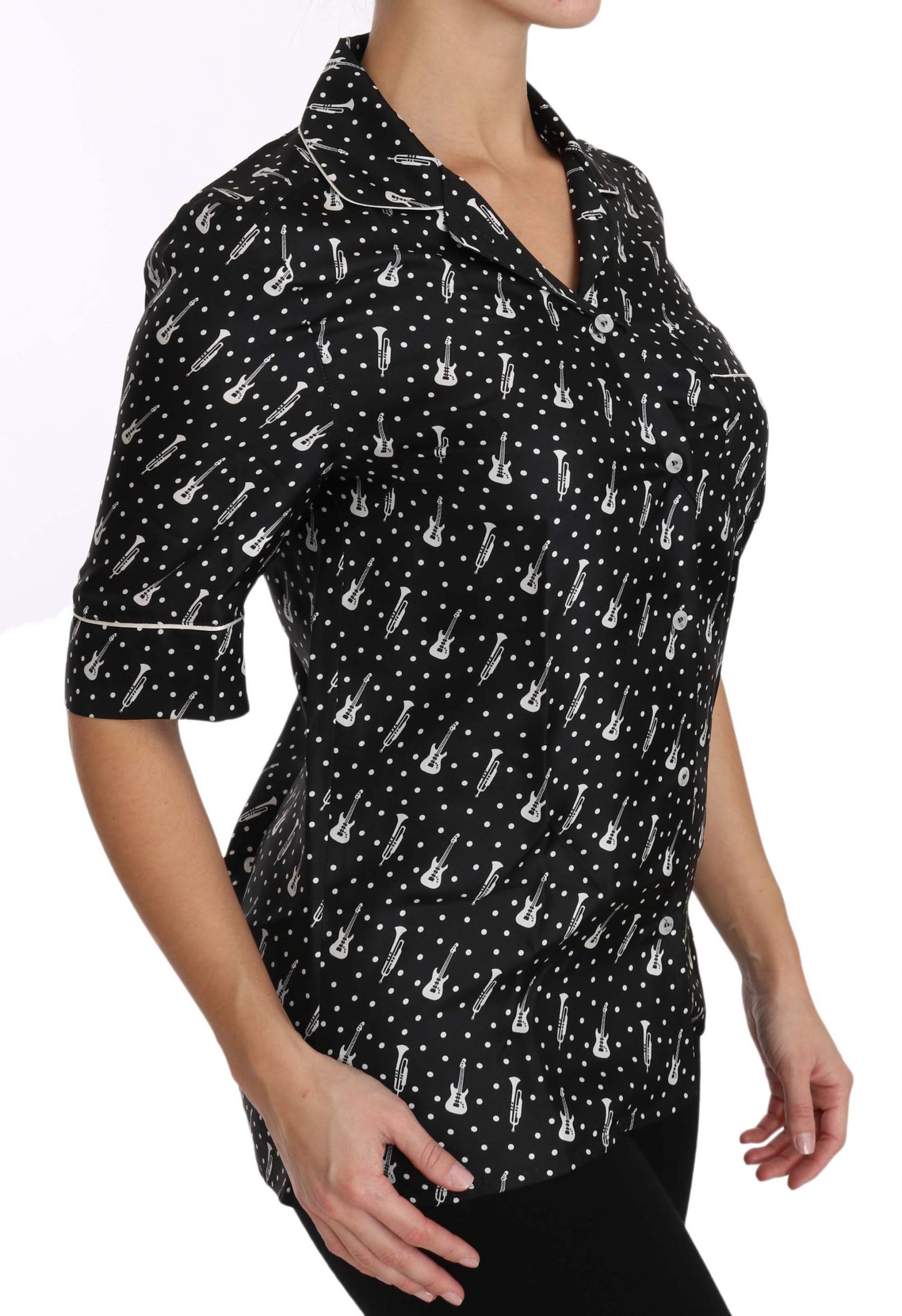 Dolce & Gabbana Blusa de Seda Negra Estampado de Guitarra y Trompeta