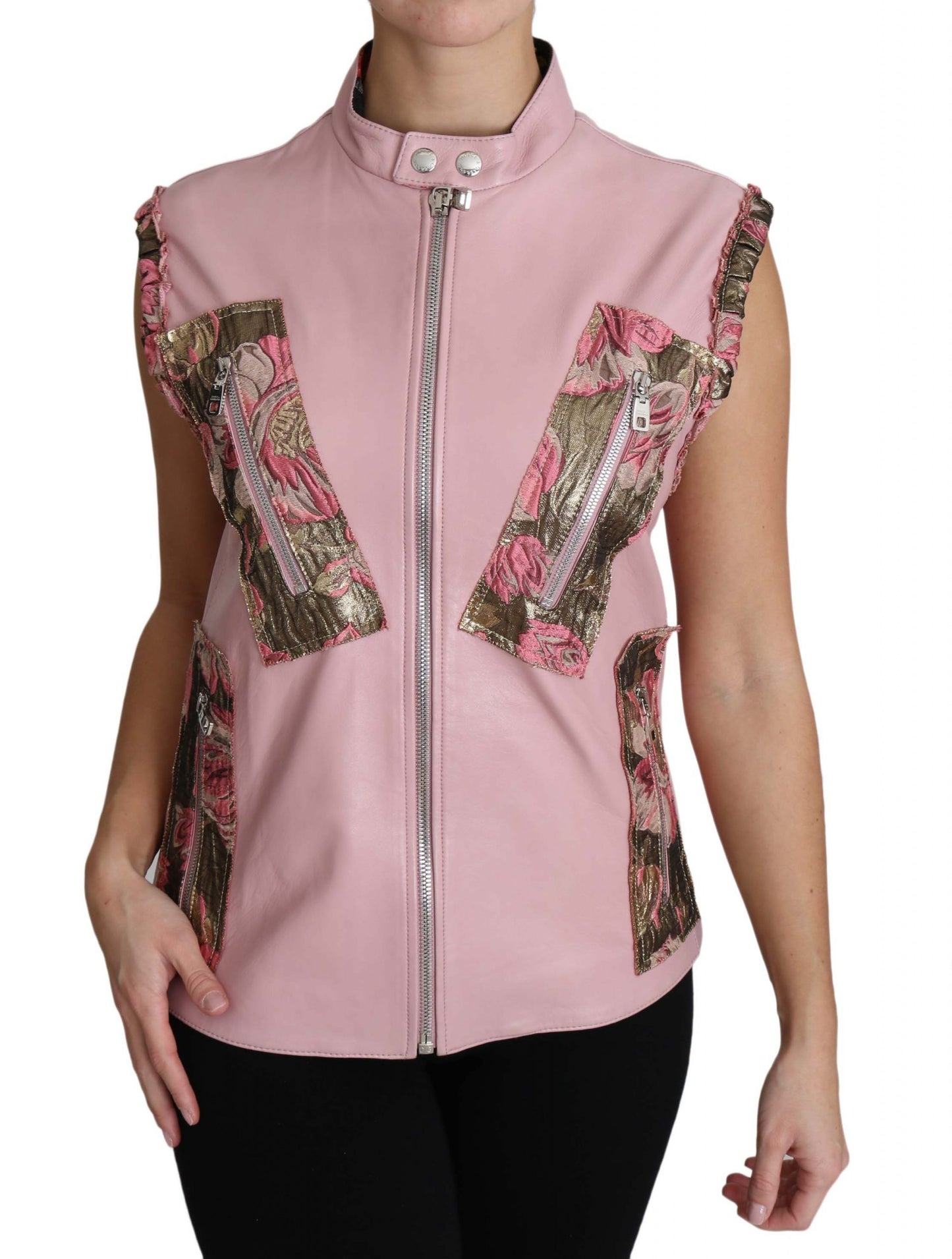 Chaleco de piel sin mangas con cremallera rosa de cordero de Dolce & Gabbana