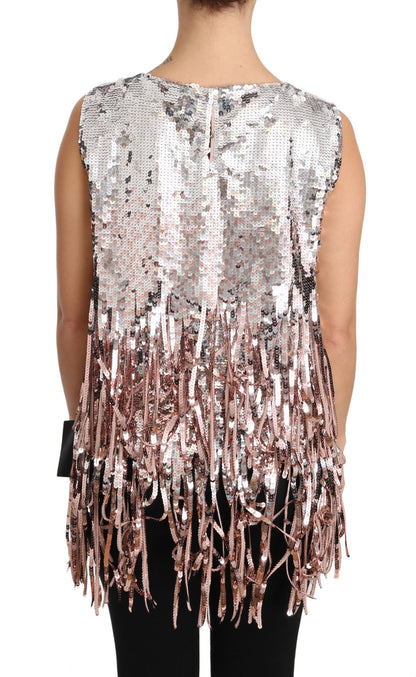 Top de tirantes con flecos y lentejuelas en rosa dorado de Dolce & Gabbana