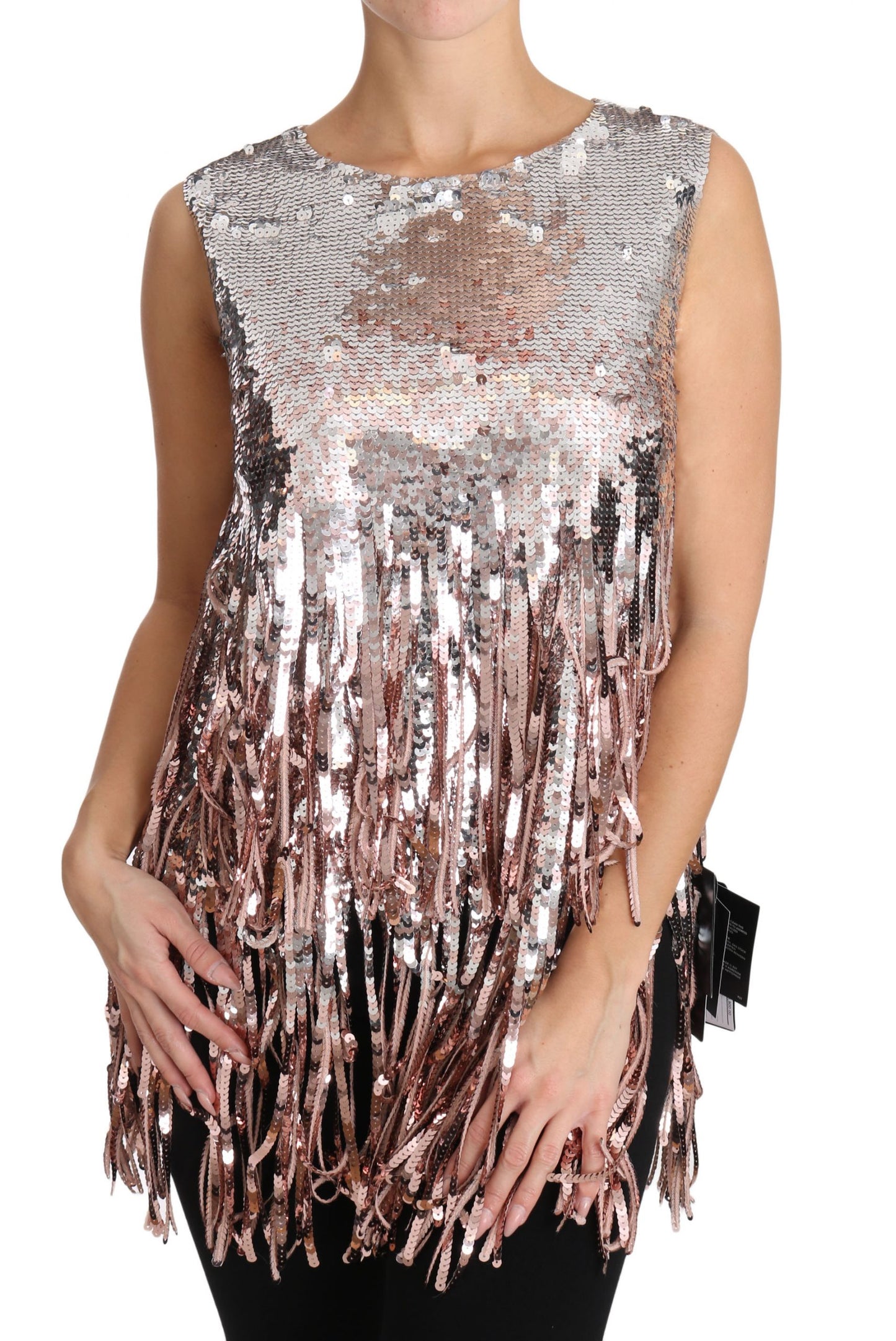 Top de tirantes con flecos y lentejuelas en rosa dorado de Dolce & Gabbana