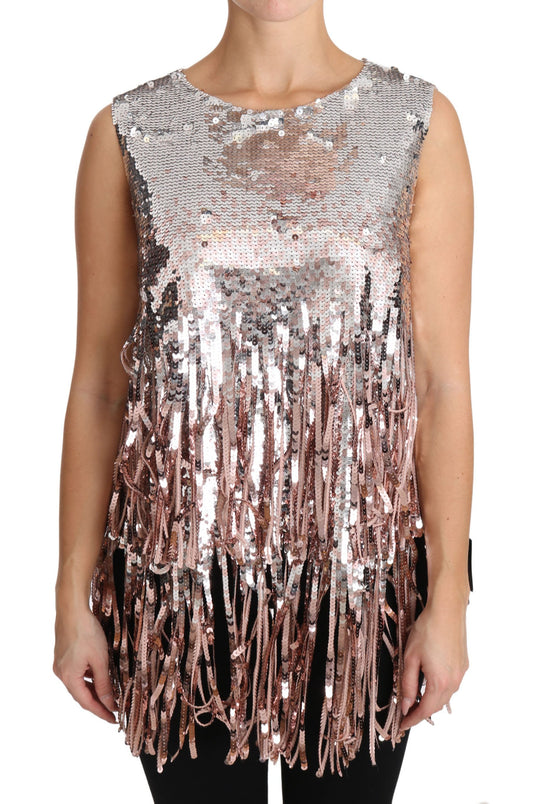 Top de tirantes con flecos y lentejuelas en rosa dorado de Dolce & Gabbana