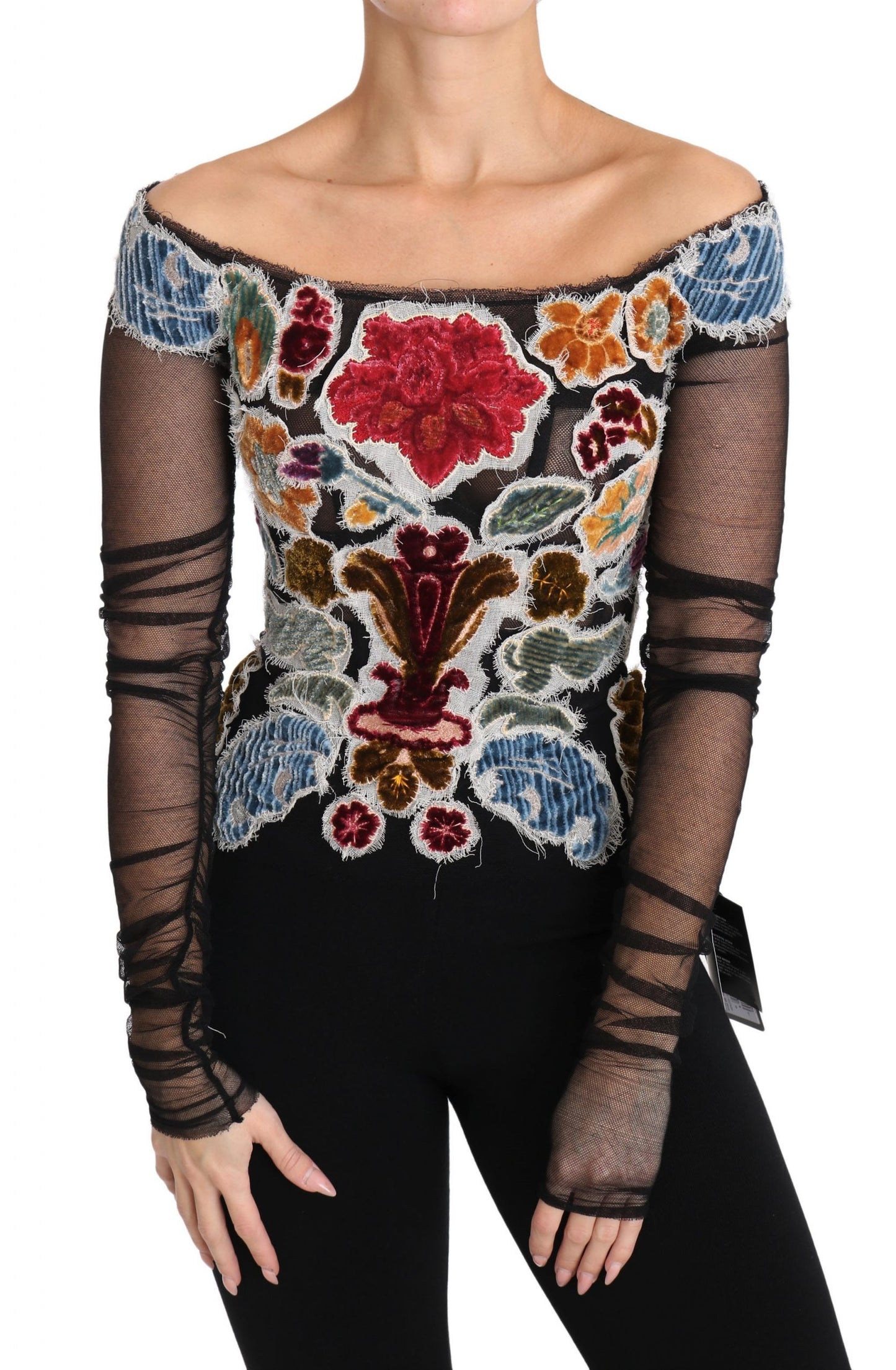 Dolce & Gabbana Blusa/Camiseta Negra Floral Ricamo