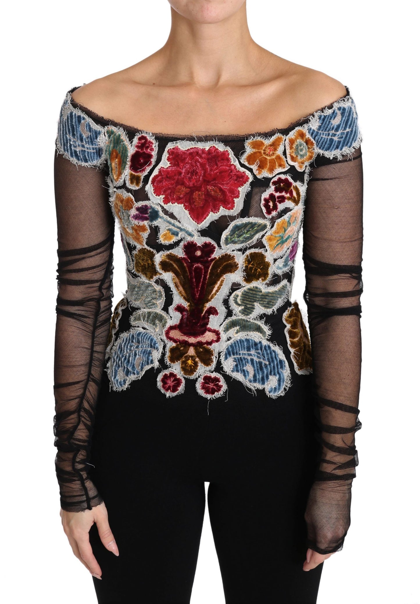 Dolce & Gabbana Blusa/Camiseta Negra Floral Ricamo