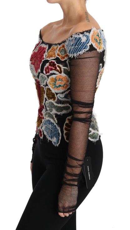Dolce & Gabbana Blusa/Camiseta Negra Floral Ricamo