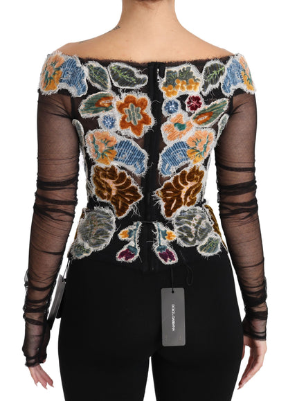 Dolce & Gabbana Blusa/Camiseta Negra Floral Ricamo
