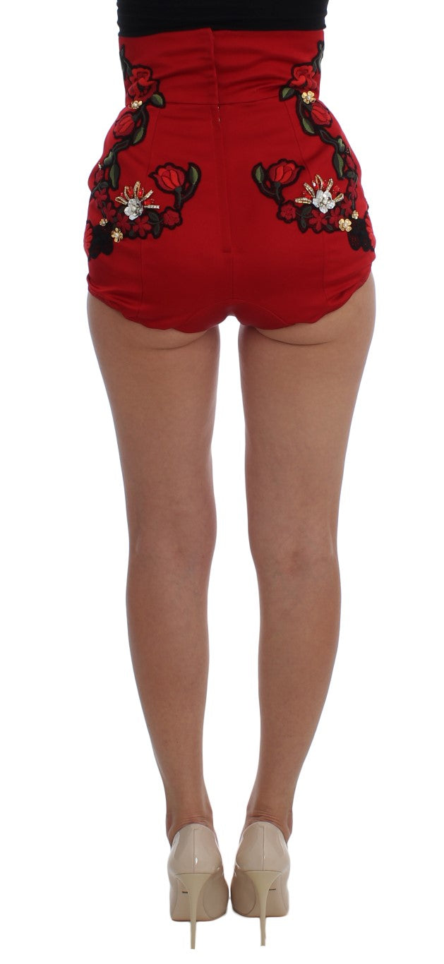 Pantalones cortos Dolce & Gabbana de seda roja con rosas de cristal