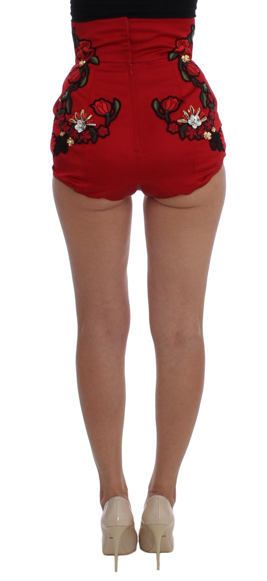 Pantalones cortos Dolce & Gabbana de seda roja con rosas de cristal