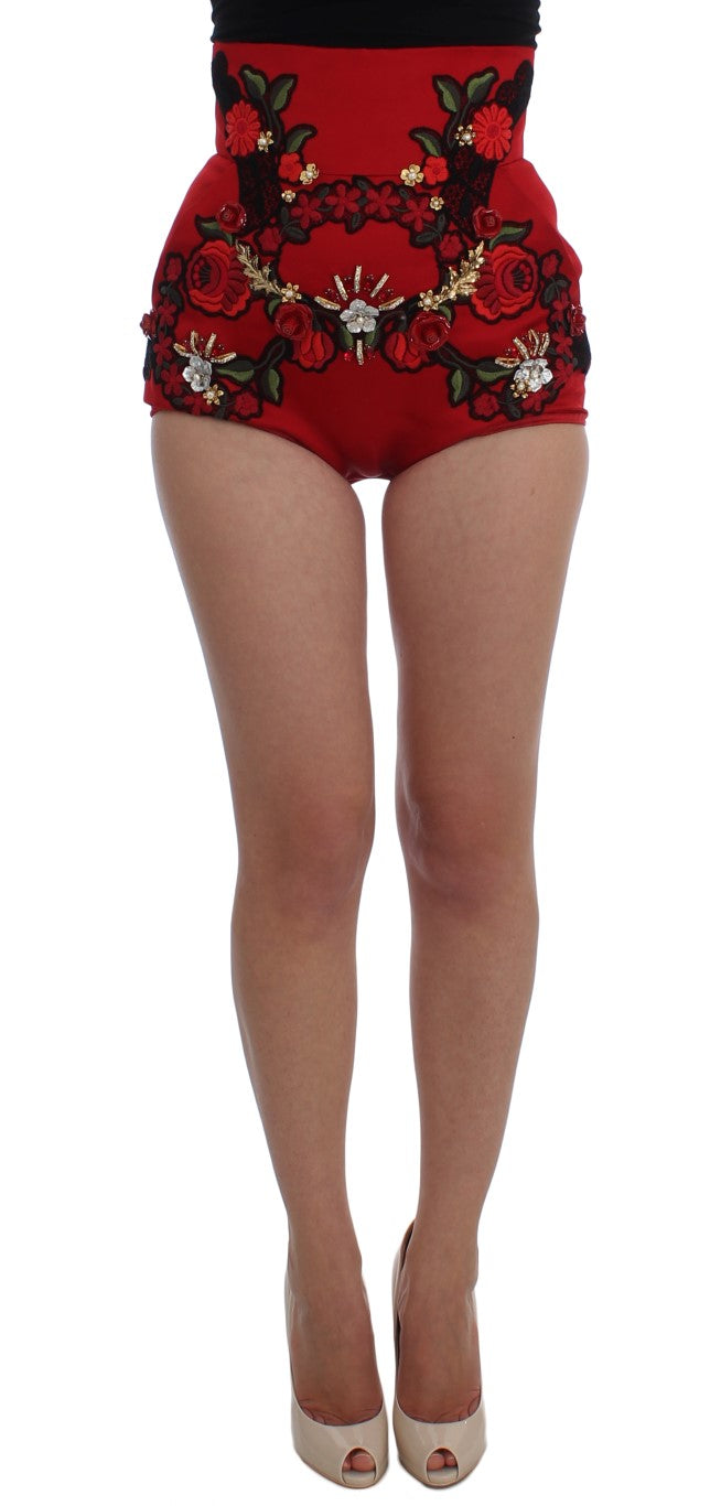 Pantalones cortos Dolce & Gabbana de seda roja con rosas de cristal
