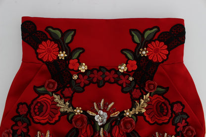 Pantalones cortos Dolce & Gabbana de seda roja con rosas de cristal