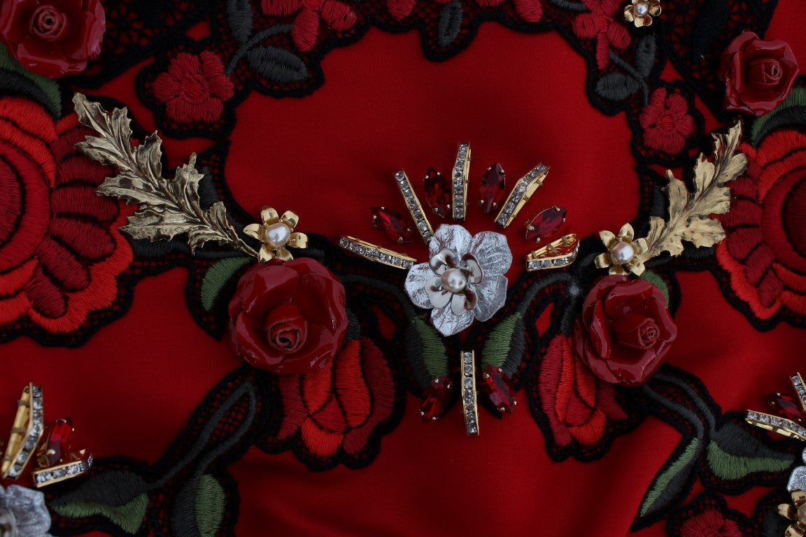 Pantalones cortos Dolce & Gabbana de seda roja con rosas de cristal