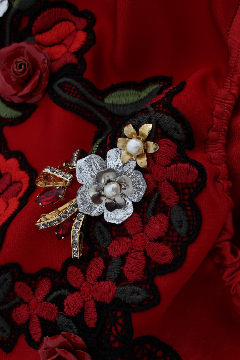Pantalones cortos Dolce & Gabbana de seda roja con rosas de cristal