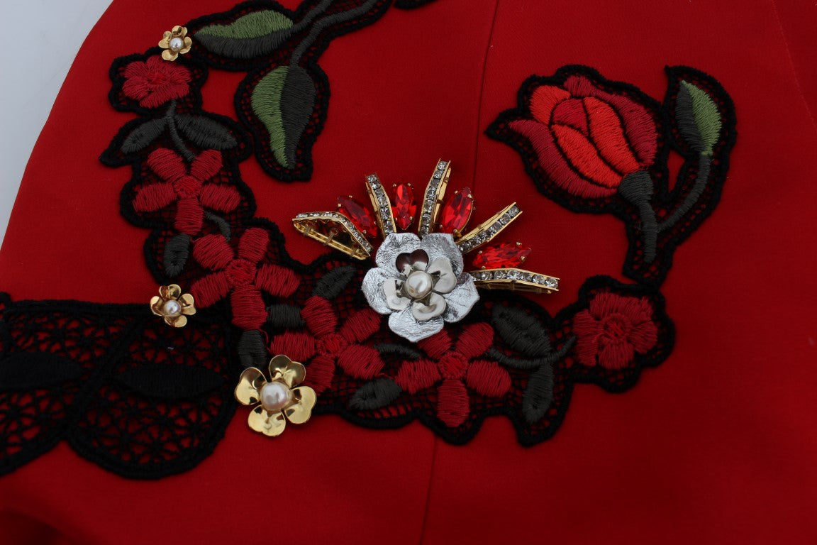 Pantalones cortos Dolce & Gabbana de seda roja con rosas de cristal