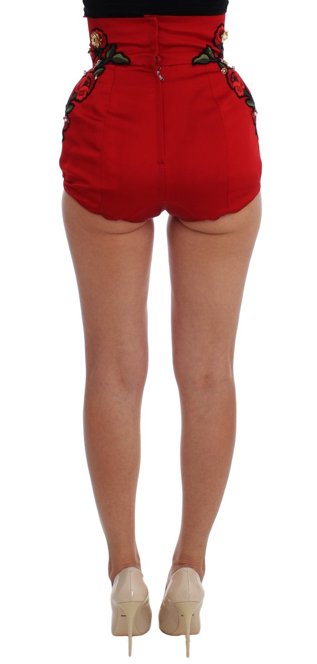 Pantalones cortos Dolce & Gabbana de seda roja con rosas de cristal