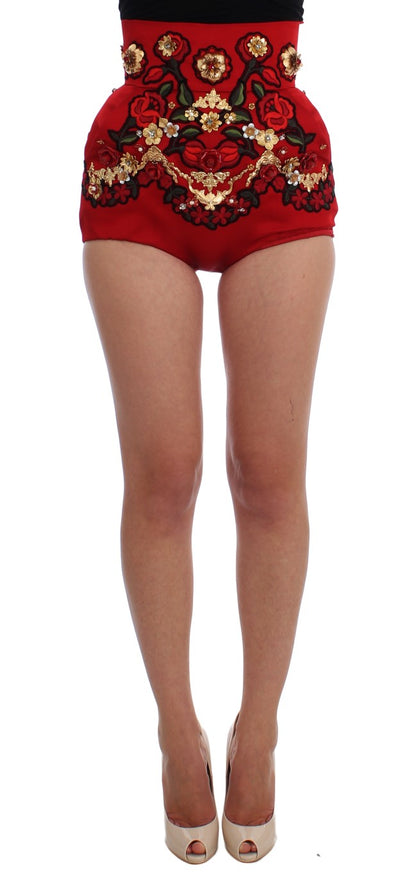 Pantalones cortos Dolce & Gabbana de seda roja con rosas de cristal