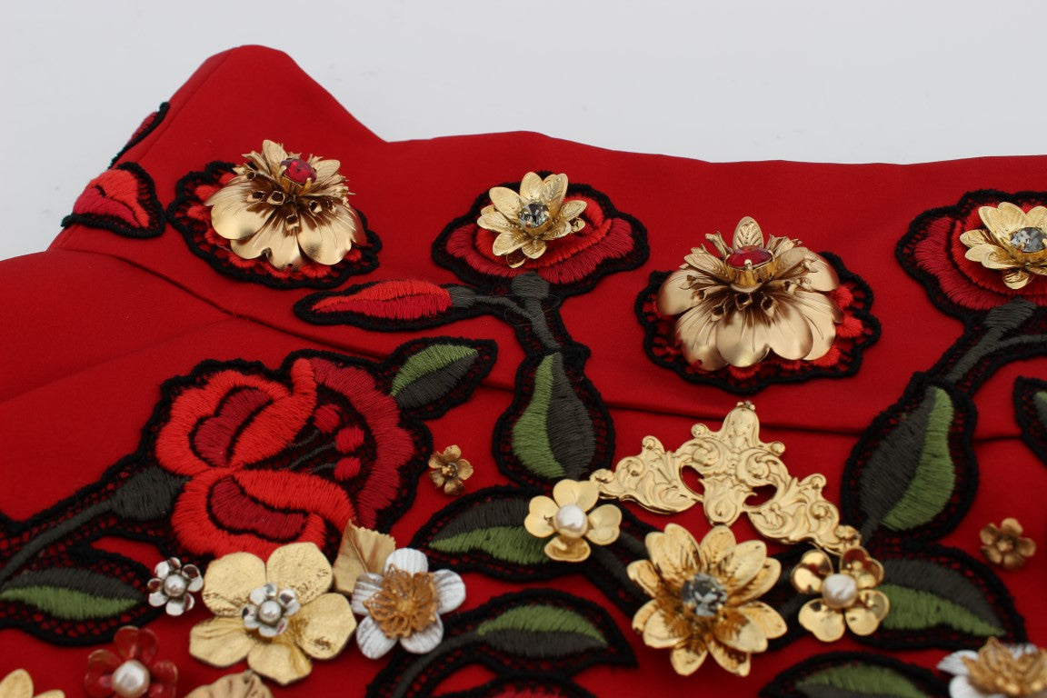 Pantalones cortos Dolce & Gabbana de seda roja con rosas de cristal