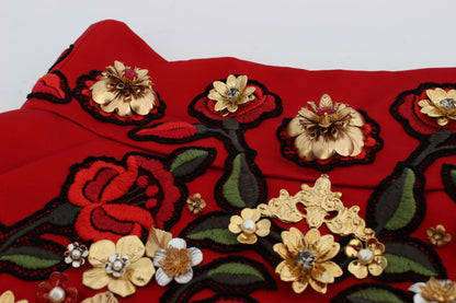 Pantalones cortos Dolce & Gabbana de seda roja con rosas de cristal
